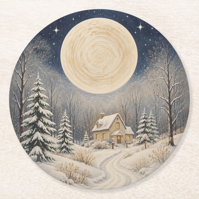 The Hearth of Winter's Glow Round Paper Coaster (Front)