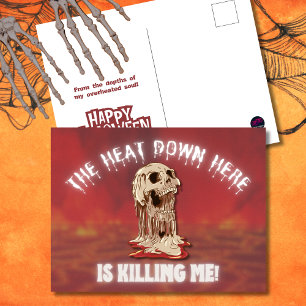 The Heat Down Here Halloween Melting Skull Holiday Postcard
