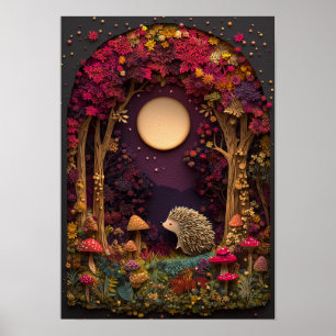 The Hedgehog   Autumn Night Forest Cutout Art Poster