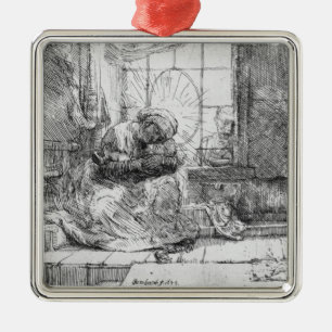 The Holy Family with a cat, 1654 Metal Ornament