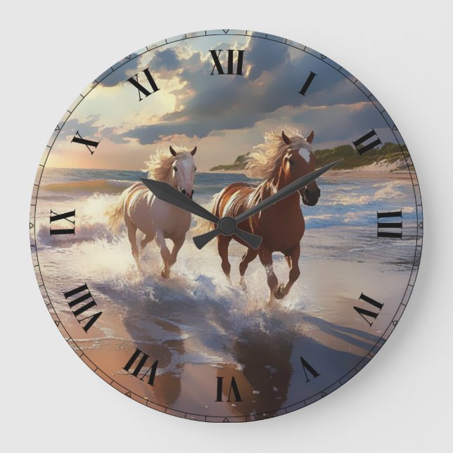 The Horses   Ceramic Tile Large Clock (Front)