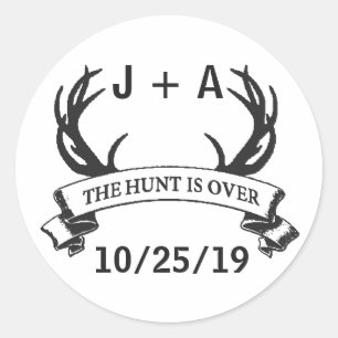 "The Hunt is Over" Antler Rustic Wedding Custom Classic Round Sticker
