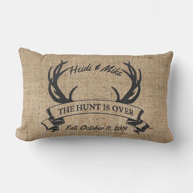 "The Hunt is Over" Rustic Antler Custom Wedding Lumbar Pillow (Front)