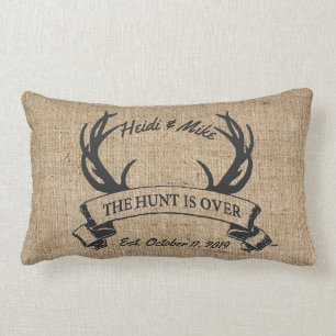 "The Hunt is Over" Rustic Antler Custom Wedding Lumbar Pillow