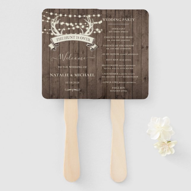 "The Hunt is Over" Rustic Barn Evening Wedding Hand Fan (Front and Back)