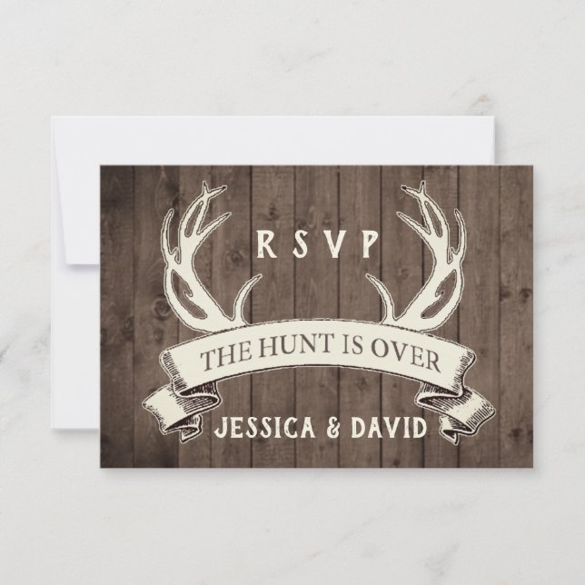 The Hunt is Over Rustic Barnwood Wedding RSVP (Front)
