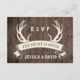 The Hunt is Over Rustic Barnwood Wedding RSVP Card