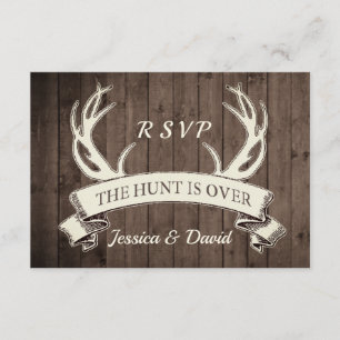 The Hunt is Over Rustic Barnwood Wedding RSVP Card