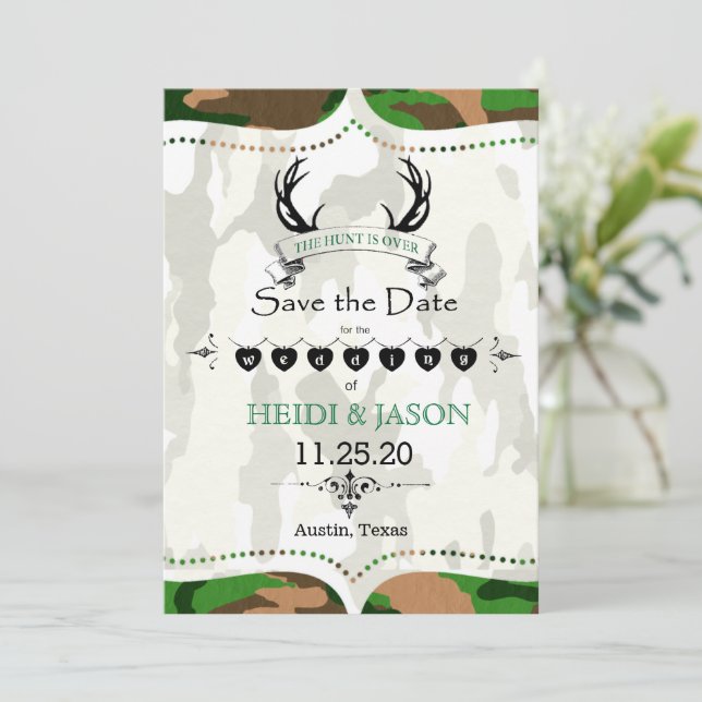 "The Hunt is Over" Rustic Camo Photo Save the Date (Standing Front)