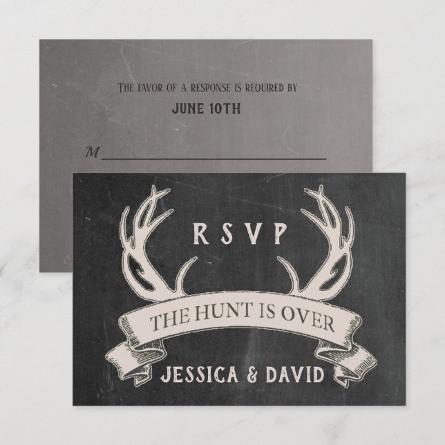 The Hunt is Over Rustic Chalkboard Wedding RSVP (Front/Back)