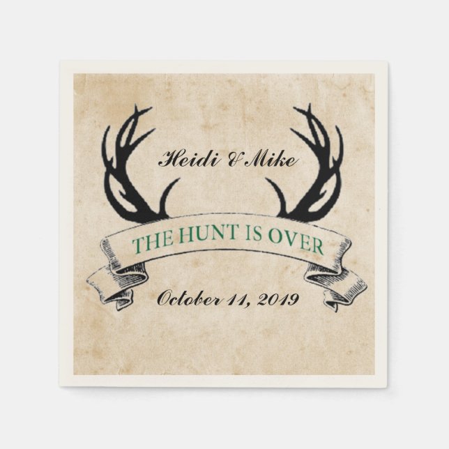 "The Hunt is Over" Rustic Custom Wedding Gift Napkin (Front)