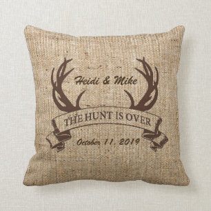 "The Hunt is Over" Rustic Faux Burlap Wedding Gift Throw Pillow