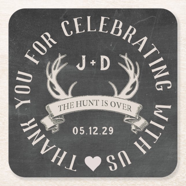 The Hunt is Over Wedding Favour Personalized Squar Square Paper Coaster (Front)