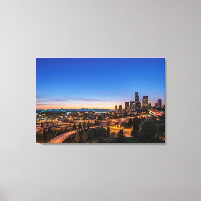 The I-5 freeway and downtown Seattle at twilight Canvas Print (Front)