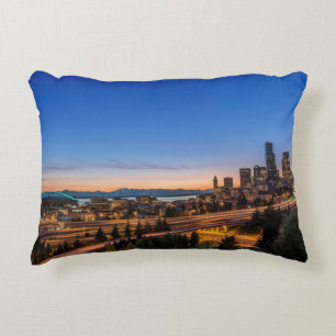 The I-5 freeway and downtown Seattle at twilight Decorative Pillow