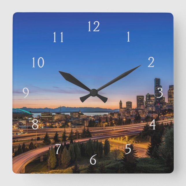 The I-5 freeway and downtown Seattle at twilight Square Wall Clock (Front)