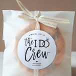 The I Do Crew | Wedding Party Black | White Classic Round Sticker<br><div class="desc">Make the awesome people in your wedding party feel extra special and appreciated with these customizable wedding stickers. The design features the words "The I do crew" in an elegant yet modern script style. The word 'do' features a sparkling diamond ring in place of the letter 'O' to signify the...</div>