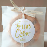 The I Do Crew | Wedding Party Favour Gold | White Classic Round Sticker<br><div class="desc">Make the awesome people in your wedding party feel extra special and appreciated with these customizable wedding stickers. The design features the words "The I do crew" in an elegant yet modern gold on white script style. The word 'do' features a sparkling diamond ring in place of the letter 'O'...</div>