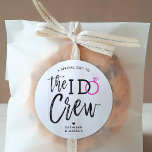 The I Do Crew | Wedding Party Pink Ring Classic Round Sticker<br><div class="desc">Make the awesome people in your wedding party feel extra special and appreciated with these customizable wedding stickers. The design features the words "The I do crew" in an elegant yet modern script style. The word 'do' features a sparkling pink diamond ring in place of the letter 'O' to signify...</div>