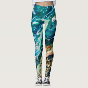 The Ice and The Fish abstract blue teal gold white Leggings