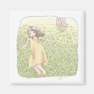 The illustration of a barefoot woman running after magnet