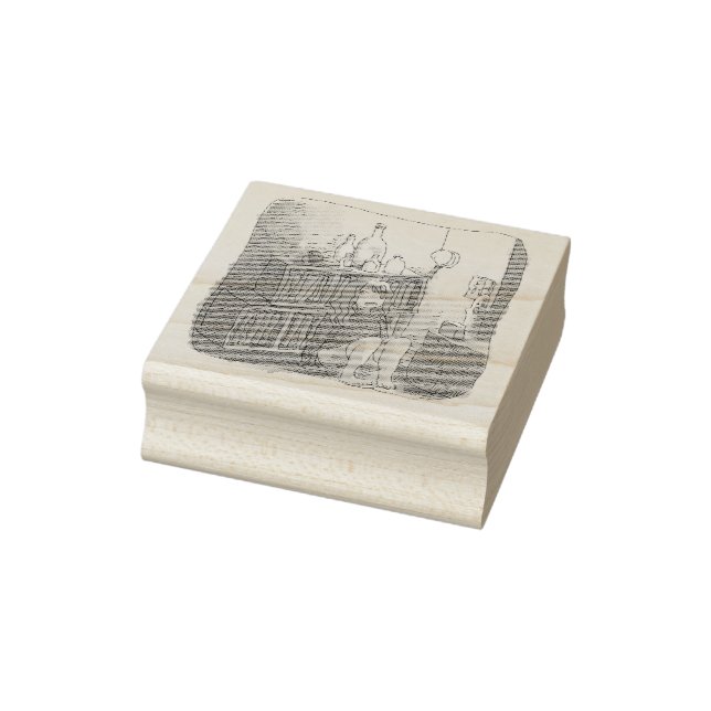 The illustration of a barefoot woman sitting by a  rubber stamp (Stamp)