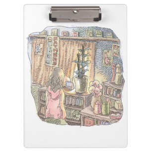 The illustration of a woman looking at a light obj clipboard