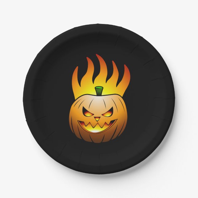 The Jack O'lantern is lit and burning brightly Paper Plate (Front)