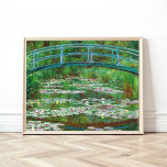 The Japanese Footbridge by Claude Monet Poster<br><div class="desc">The painting features a pale turquoise footbridge arching over a pond lined with tall grasses and filled with petal-pink and butter-yellow waterlilies spans this horizontal landscape painting. The scene is loosely painted with touches of vibrant colour. In the top third of the composition, the shallowly arched bridge nearly touches the...</div>