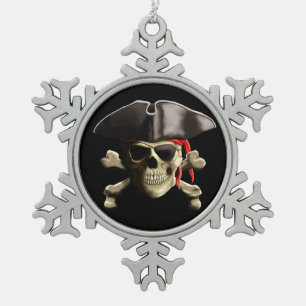 The Jolly Roger Pirate Skull Snowflake Pewter Christmas Ornament