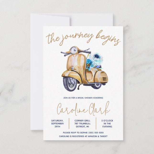 The Journey Begins! Scooter, Vespa Bridal Shower Invitation (Front)