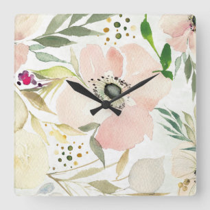 The Joy of White   Watercolor Floral Pattern Square Wall Clock
