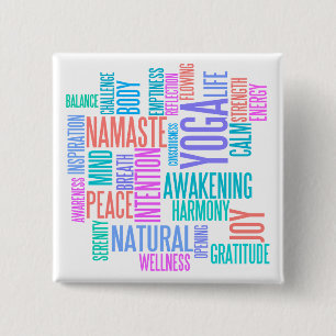 The Joy of Yoga Elegant Pastel Coloured Word Cloud 2 Inch Square Button