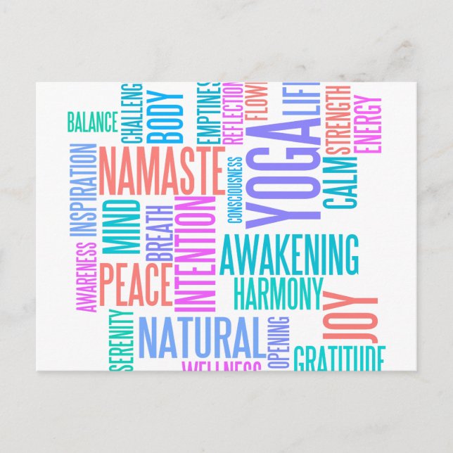 The Joy of Yoga Elegant Pastel Coloured Word Cloud Postcard (Front)