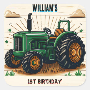 The kids retro boy cool tractor first 1st birthday square sticker