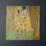 The Kiss, Art Nouveau Oil Painting, Gustav Klimt Tapestry<br><div class="desc">oil on canvas 1907-1908 abstract Art Nouveau portrait depicting a romantic kiss between a man and a woman the man and woman are decorated with a geometric pattern of yellow black and white rectangles and psychedelic trippy swirls, and colorful polka dots respectively. the couple are kneeling on a bed of...</div>