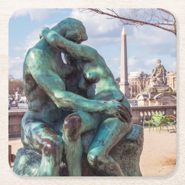 The Kiss by Auguste Rodin at the Tuileries, Paris Square Paper Coaster (Front)