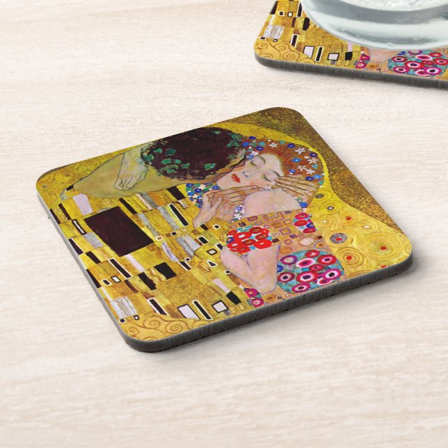 The Kiss by Gustav Klimt, Vintage Art Nouveau Coaster (Left Side)