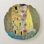 The Kiss by Gustav Klimt, Vintage Art Nouveau Round Pillow<br><div class="desc">The Kiss (Der Kuss) (1907/08) by Gustav Klimt is probably his most famous work. Klimt began work on it in 1907 and it is the highpoint of his so-called 'Golden Period'. The Kiss is a vintage Victorian Era Symbolism fine art love and romance painting featuring a romantic couple in various...</div>