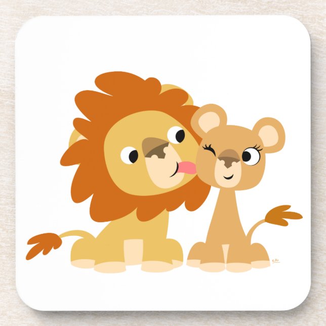 The Kiss: Cute Cartoon Lion Couple Coasters (Front)