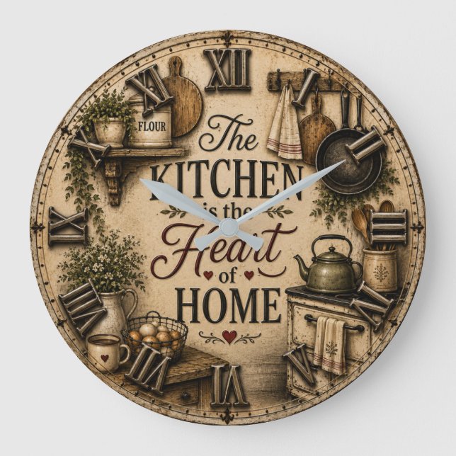 The Kitchen Is the Heart of Home Rustic Farmhouse Large Clock (Front)