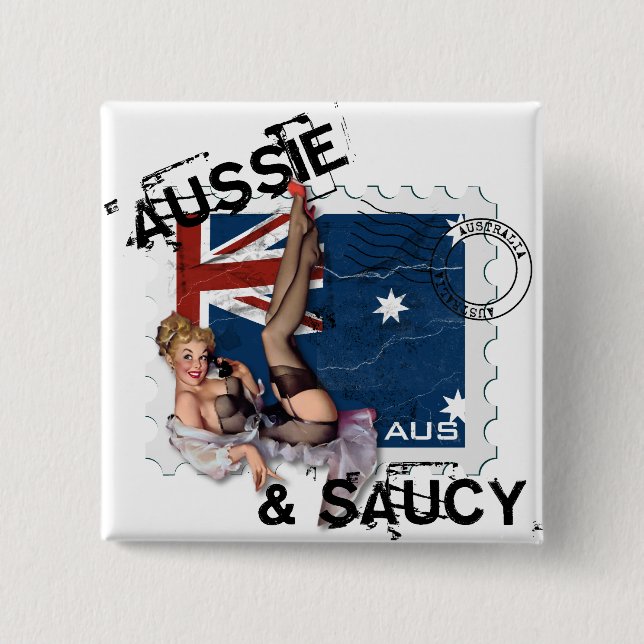 The Kitsch Bitsch : Aussie & Saucy Pin-Up 2 Inch Square Button (Front)