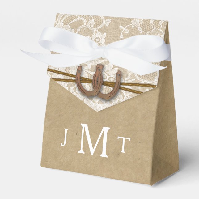 The Kraft, Lace & Horseshoe Wedding Collection Favor Box (Front Side)