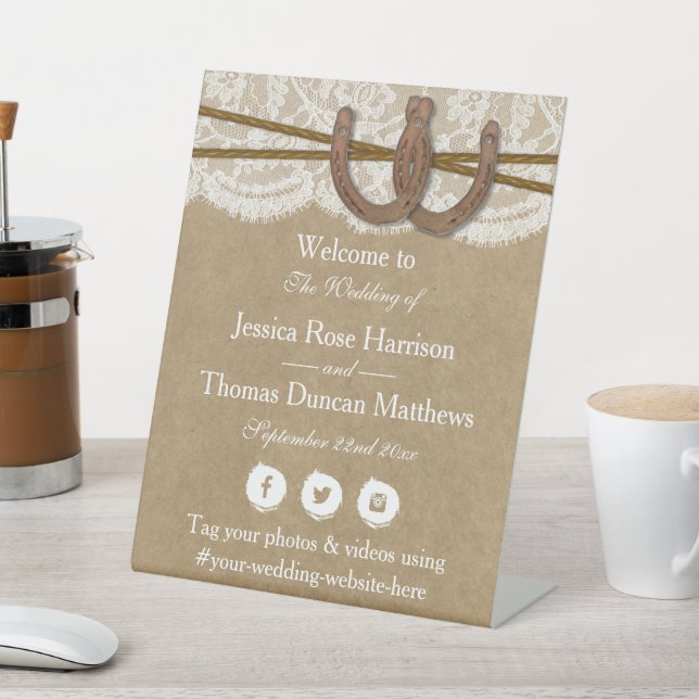 The Kraft, Lace & Horseshoe Wedding Collection Pedestal Sign (In SItu)