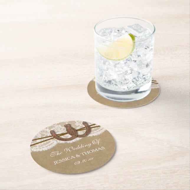 The Kraft, Lace & Horseshoe Wedding Collection Round Paper Coaster (Insitu)