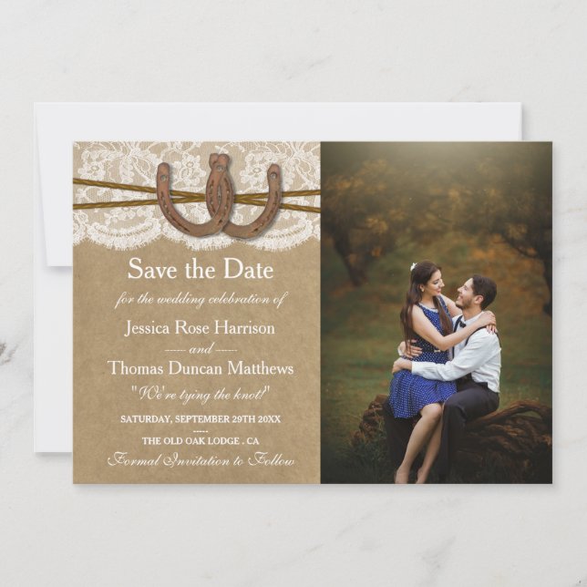 The Kraft, Lace & Horseshoe Wedding Collection Save The Date (Front)