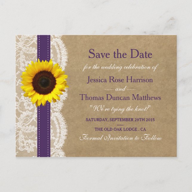The Kraft, Lace & Sunflower Collection - Purple Announcement Postcard (Front)