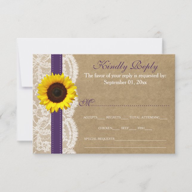 The Kraft, Lace & Sunflower Collection - Purple RSVP Card (Front)