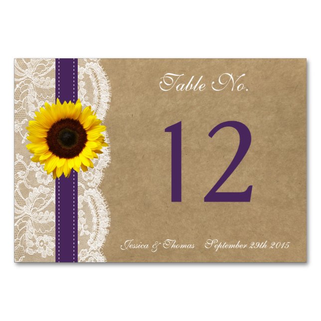 The Kraft, Lace & Sunflower Collection - Purple Table Number (Front)
