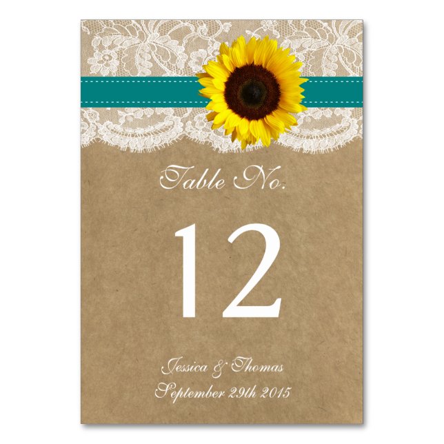 The Kraft, Lace & Sunflower Collection - Teal Table Number (Front)